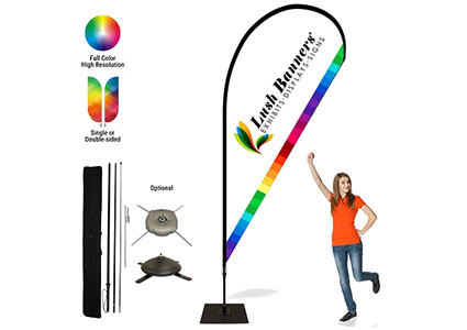 Full-color teardrop banner displayed at a trade show booth.