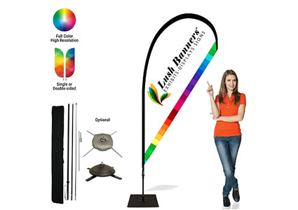 Custom teardrop flag with vibrant company logo for outdoor events.