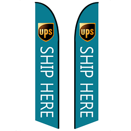 Colorful feather banner displayed outdoors to attract passing customers.