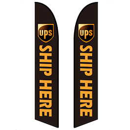 Large feather banner along a busy road promoting a business