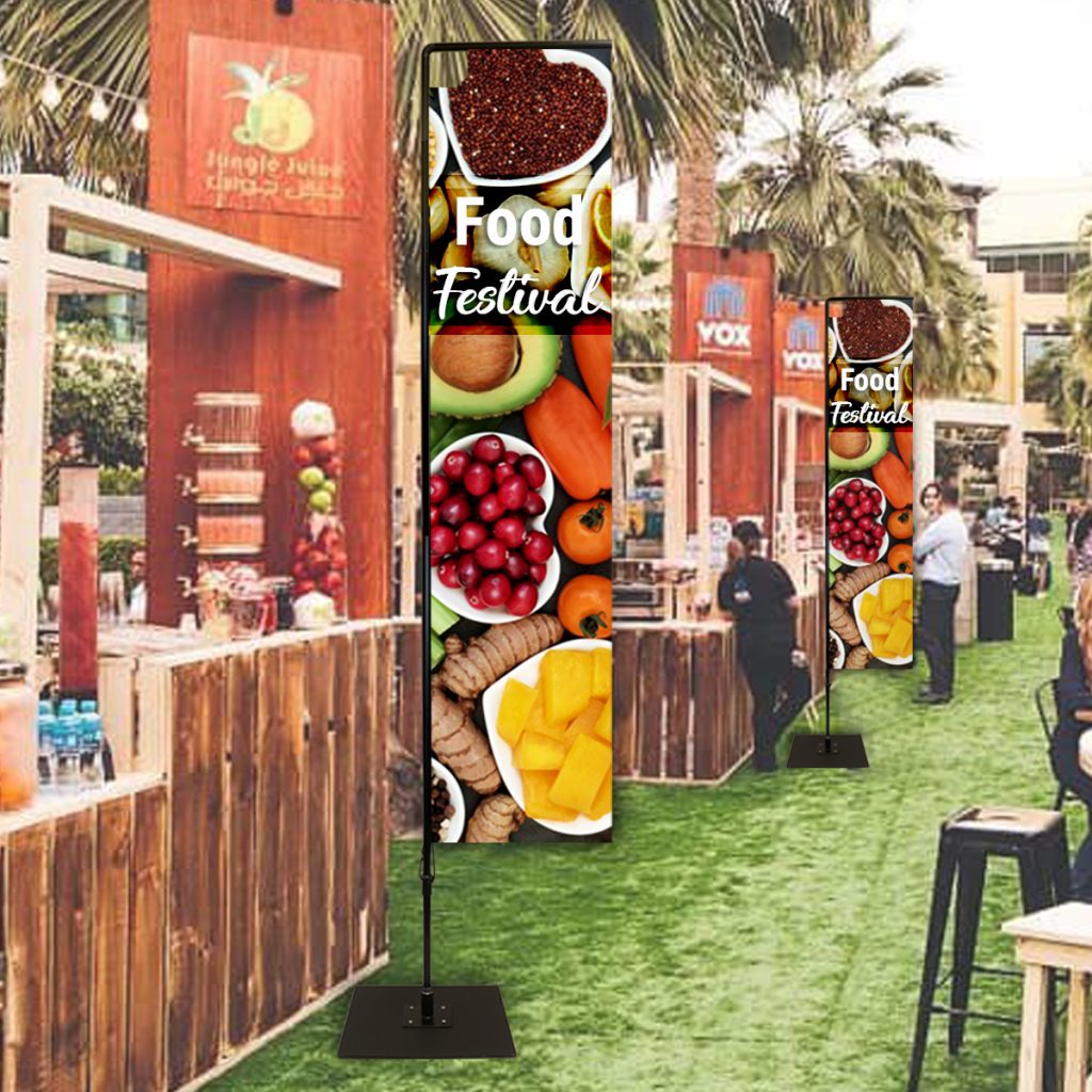 Rectangle banner displaying custom graphics and text for business or event promotions.