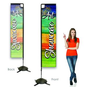 Rectangle flag banner displayed indoors with cross base.