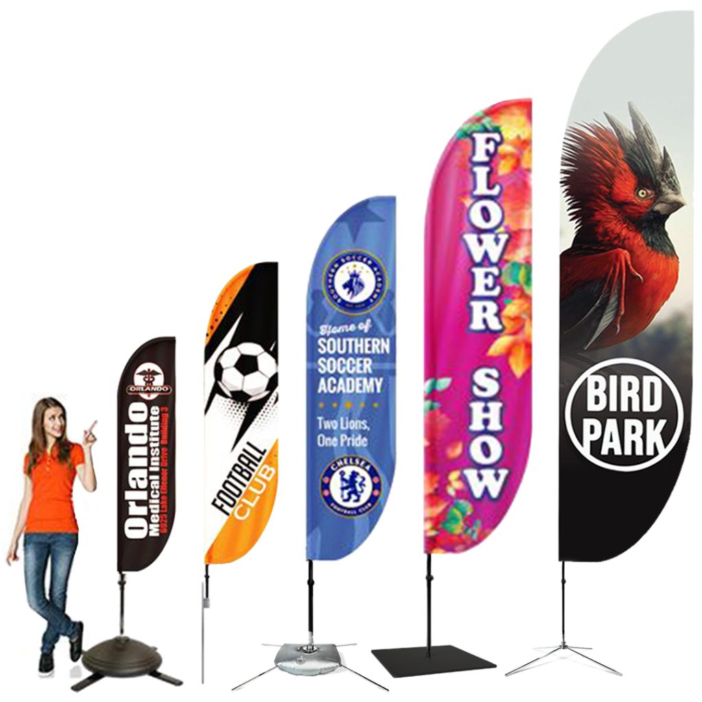 Feather flags in various sizes from 6.5 to 17 feet.