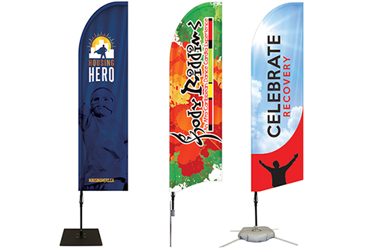 Bowhead flags in multiple sizes: 6.5ft to 17ft, single or double sided.