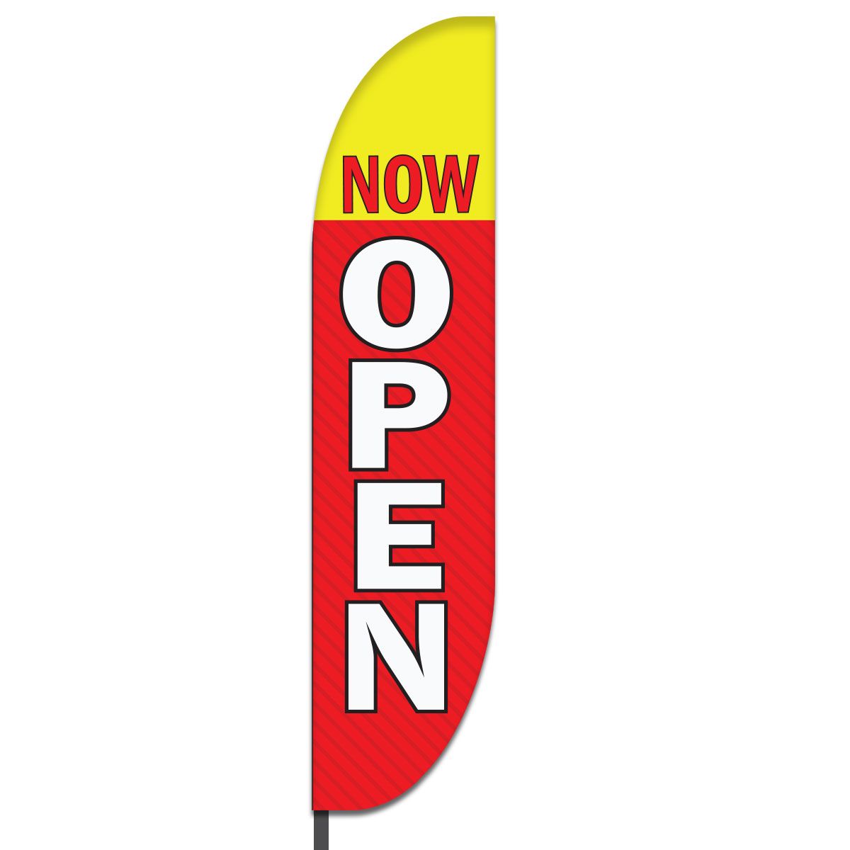Red ‘Now’ horizontal on yellow top, white ‘Open’ vertical on red bottom banner.
