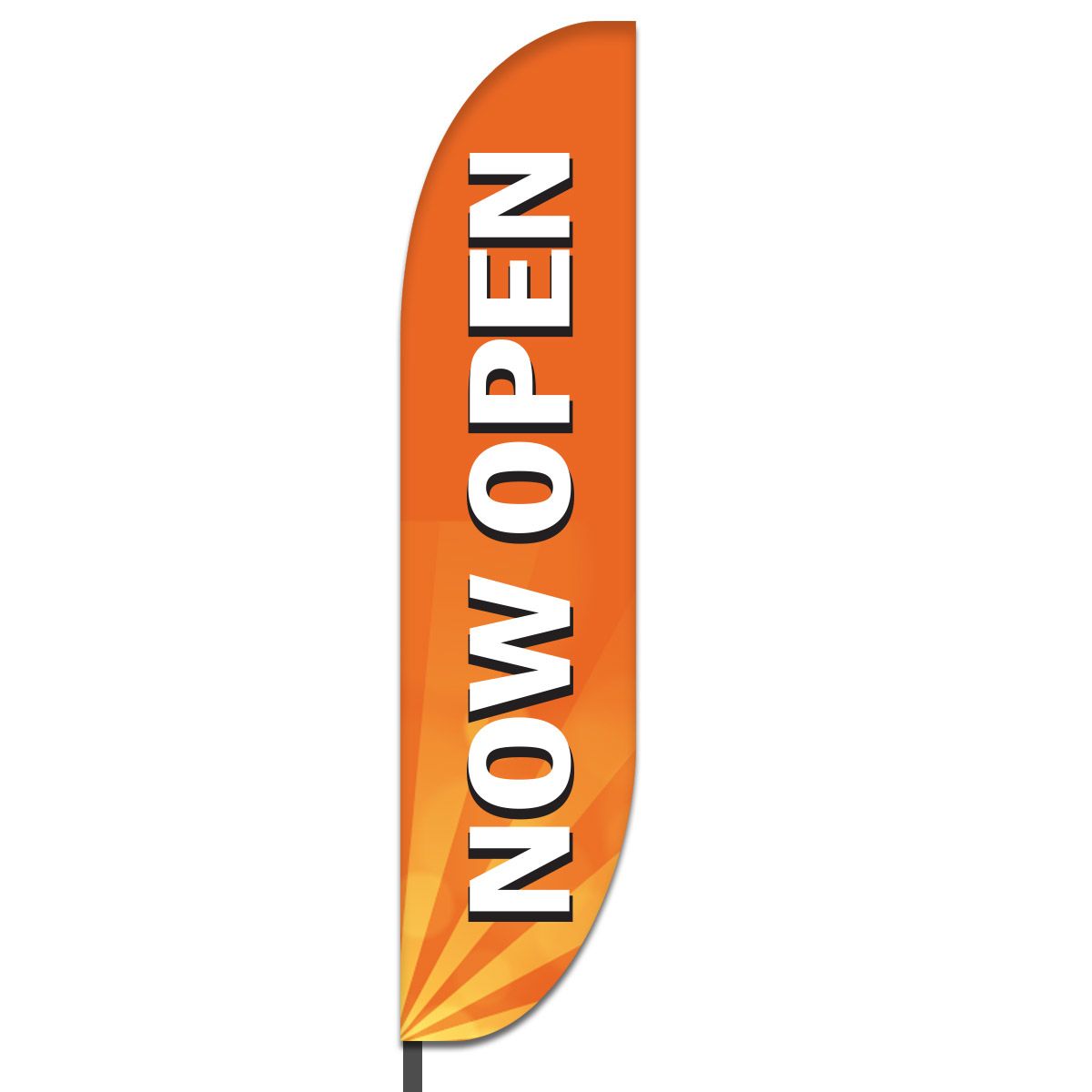 Bold orange vertical banner with white letters and sun-ray design at bottom.