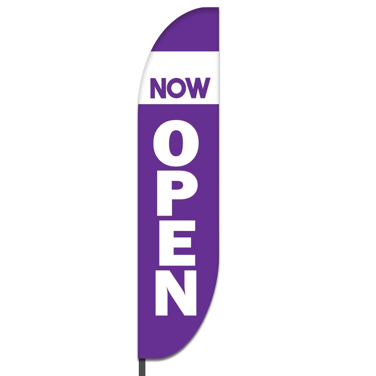 Purple ‘Now’ horizontal on white top, white ‘Open’ vertical on purple bottom.