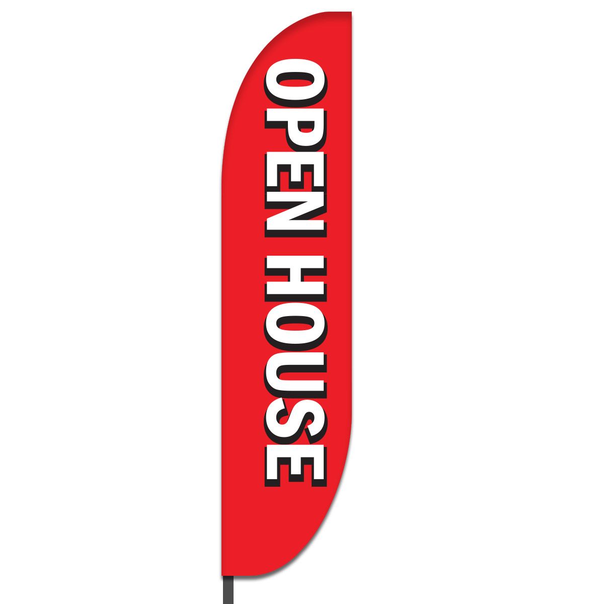 Bold white letters outlined in black on deep red vertical banner for open house.
