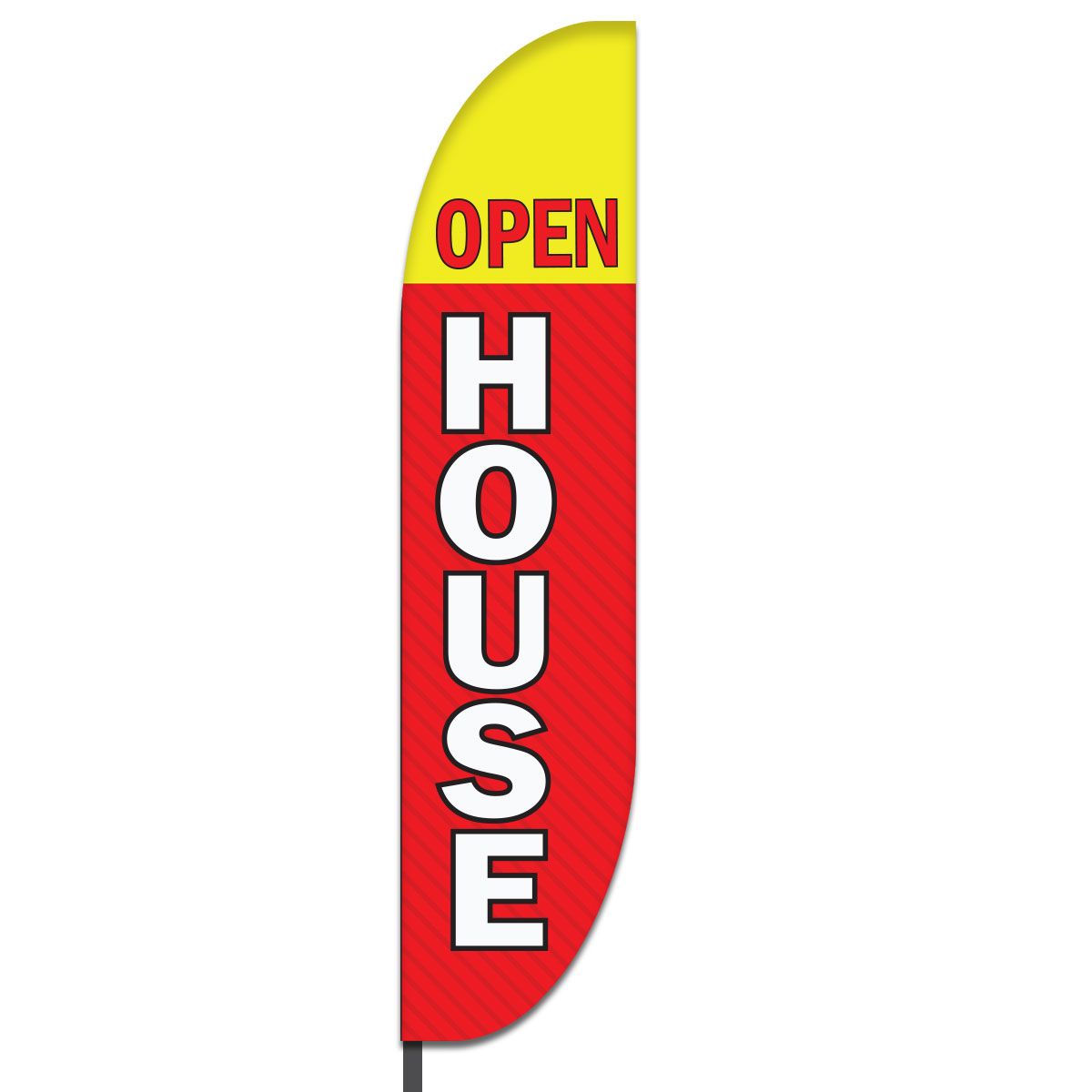 Red ‘Open’ on yellow top, white ‘House’ vertical on red bottom banner.