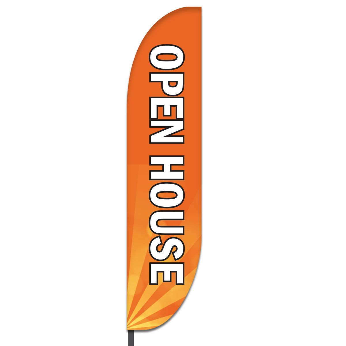 White letters with black outline on orange background with sun-ray design.