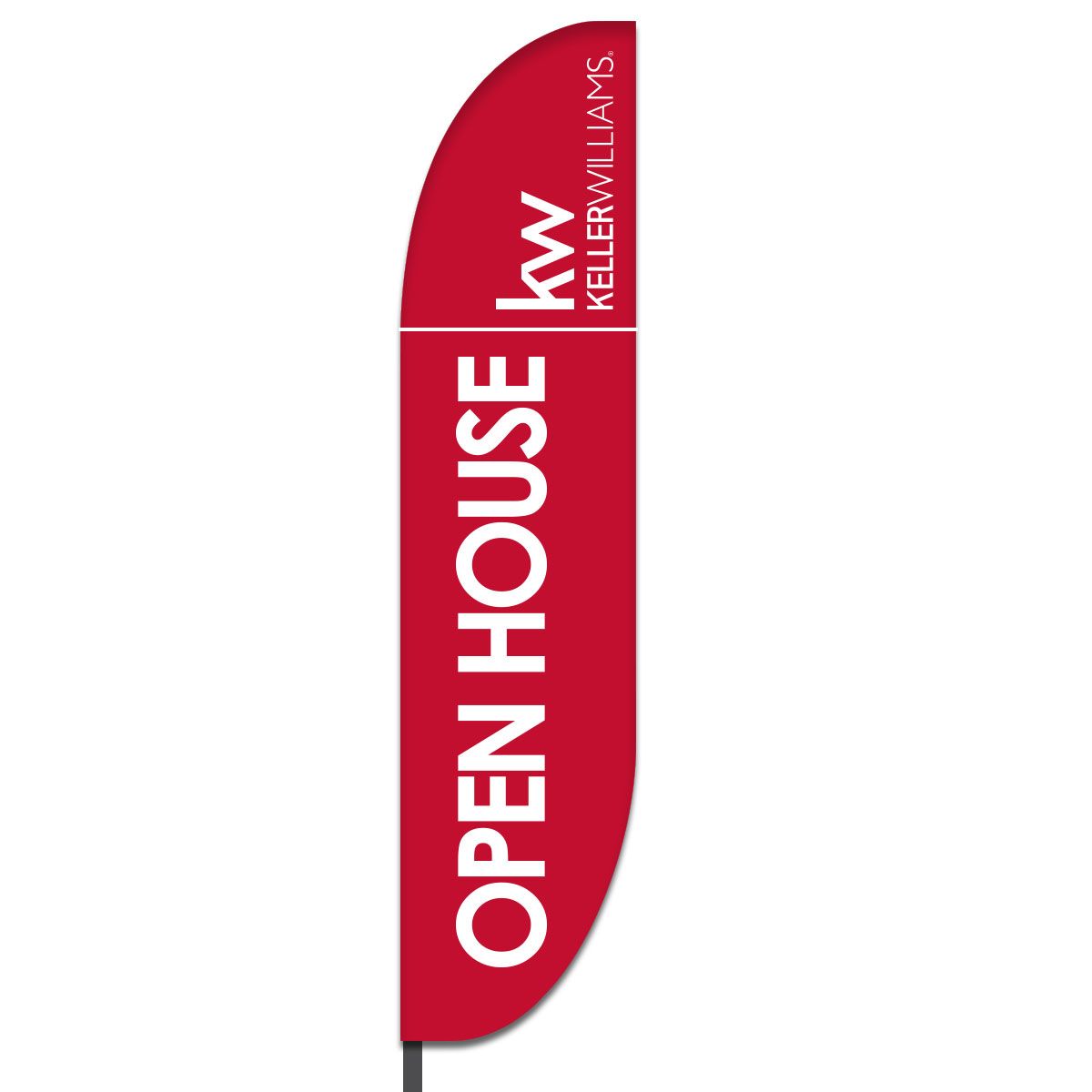 White on black vertical ‘Open House’ bottom banner, red background with vertical logo above.