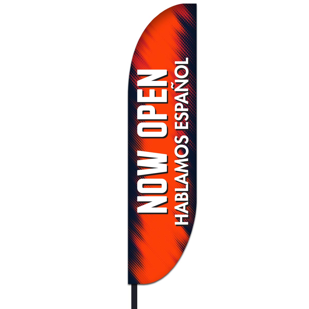 White vertical letters on red and white background: ‘Now Open’ left, ‘Hablamos Espanol’ right.