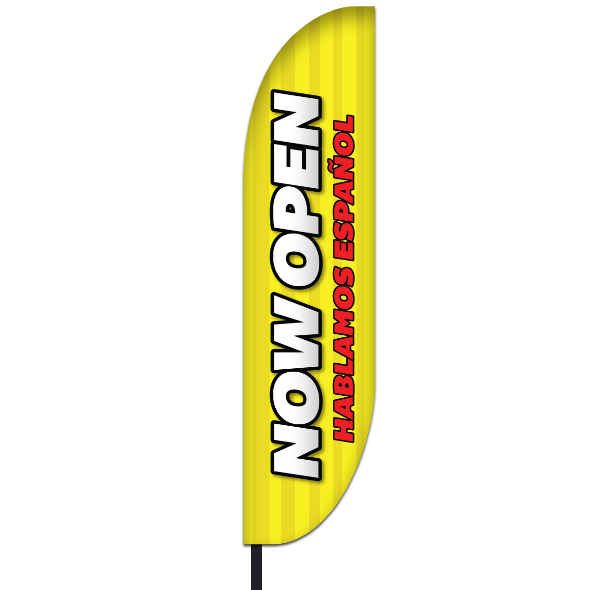 Yellow background with vertical white ‘Now Open’ and red ‘Hablamos Espanol.