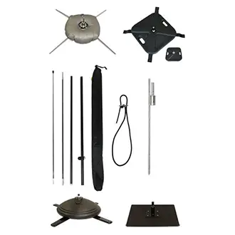 Feather banner hardware and base options for stable display.