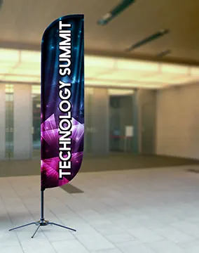 Custom feather flags with interchangeable bases for indoor and outdoor use.