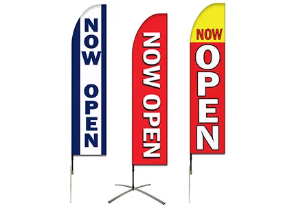 Feather banner promoting business reopening.