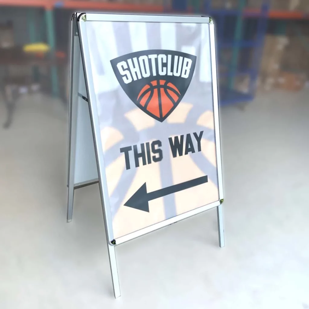 Sidewalk A-frame display with R8 branding used for customer promotion.