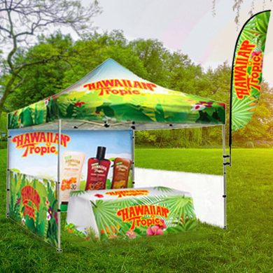 Logo canopy displayed at an outdoor event, attracting attention and promoting brand visibility.