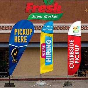 Feather banner with bright colors and bold, easy-to-read design for clear brand visibility.