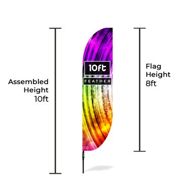 Size chart comparing medium and large feather banners with dimensions and design examples.