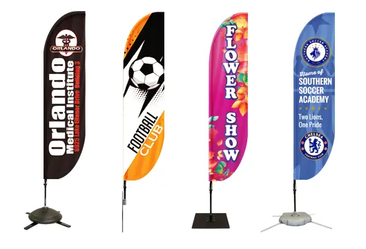 Feather flag banners designed for indoor and outdoor use, available in multiple sizes, offering durable, UV-safe, and attention-grabbing brand displays.