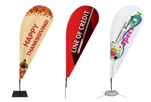 Eye-catching teardrop flag banners with a distinctive shape, UV-safe polyester material, and long-lasting dye-sublimation printing for indoor or outdoor use.