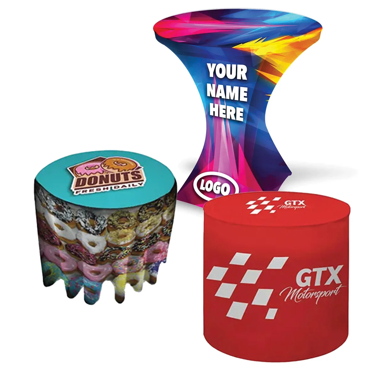 Custom stretch round table cover fitted tightly over a round table, showcasing a smooth wrinkle-free finish for modern event branding.