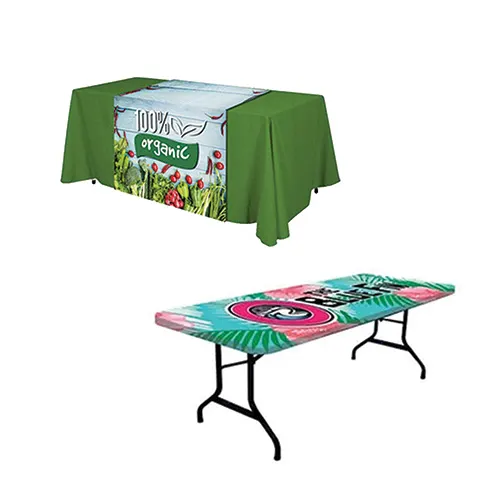 Custom stretch table top cover fitted over a table, showcasing smooth wrinkle-free stretch fabric for a sleek modern event display