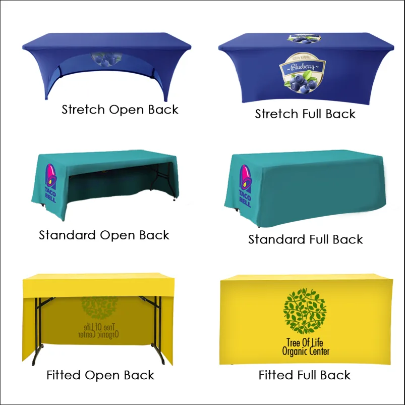 Full-back table cover providing full coverage on all sides of the table, offering a clean professional appearance and hidden storage underneath.