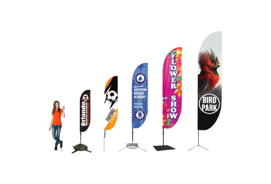 Feather banners available in multiple sizes from 6.5 ft to 17 ft for indoor and outdoor advertising.