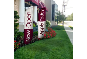 Feather flags strategically placed to maximize brand visibility at an outdoor event.