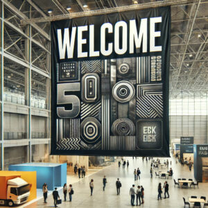 Custom indoor fabric banner showcasing a brand design at an event booth.