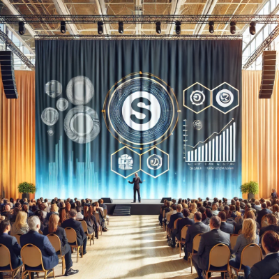 Conference with large banner behind the speaker